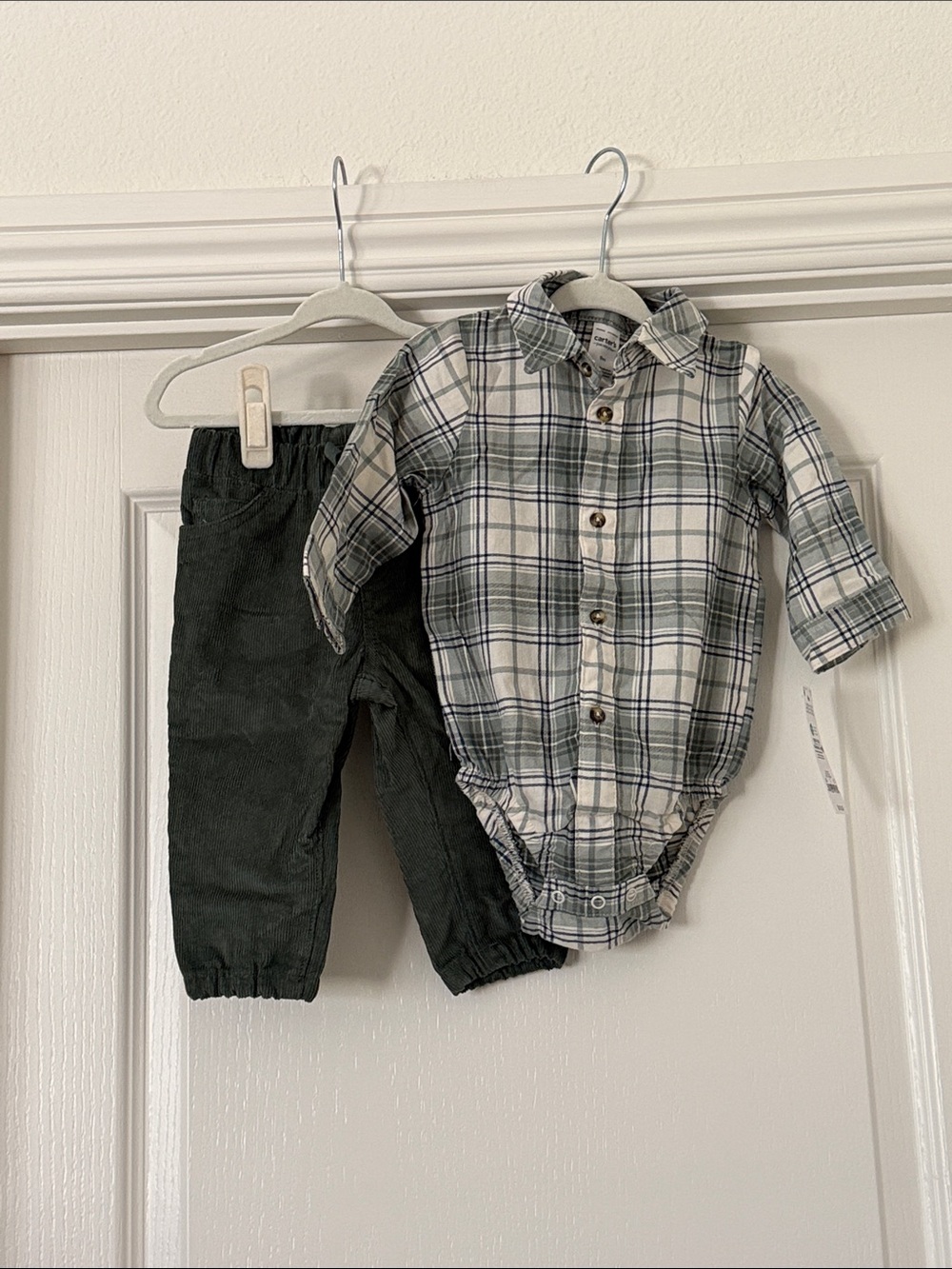 Carter's Plaid Button-Up Bodysuit in White and Green